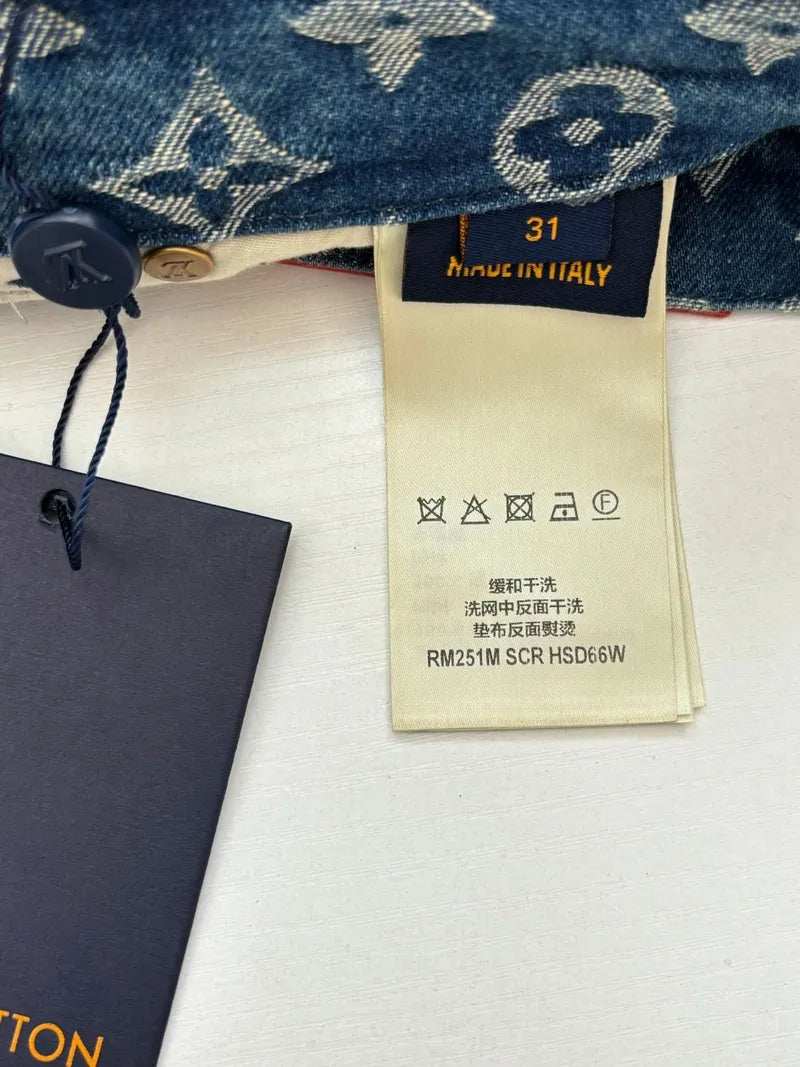 Louis Vuitton denim shorts inside label and brand tag, blue monogram fabric