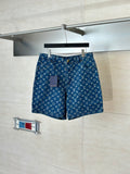 Louis Vuitton monogram denim shorts, blue, straight cut with belt loops and zip fly.