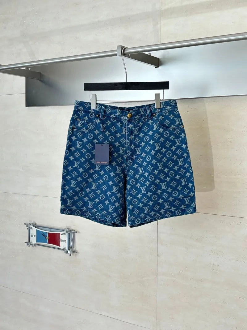 Louis Vuitton monogram denim shorts on hanger, blue with button and belt loops