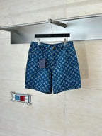 Louis Vuitton monogram denim shorts on hanger, blue with button and belt loops