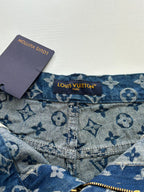 Louis Vuitton denim shorts with blue monogram print, button and zipper