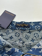 Louis Vuitton logo denim shorts with allover monogram pattern, front button and waistband tag