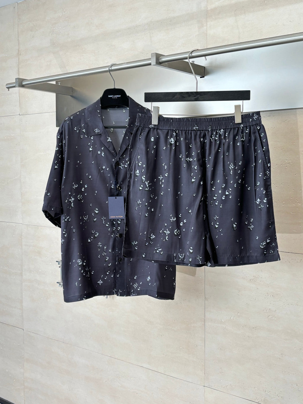 Louis Vuitton matching set short-sleeve shirt and shorts in dark navy with small white pattern