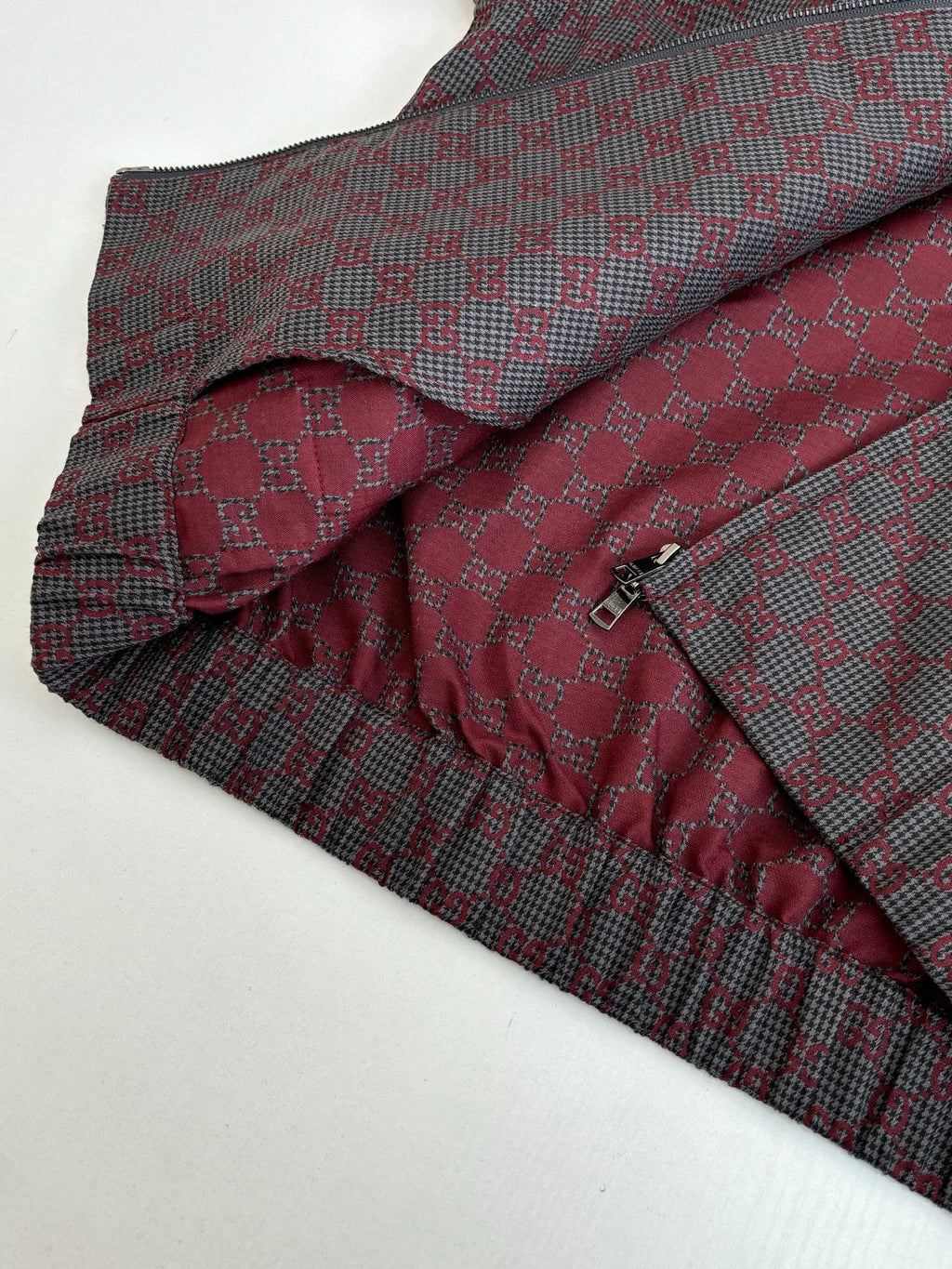 GG-pattern button-up shirt, red and gray, folded front view