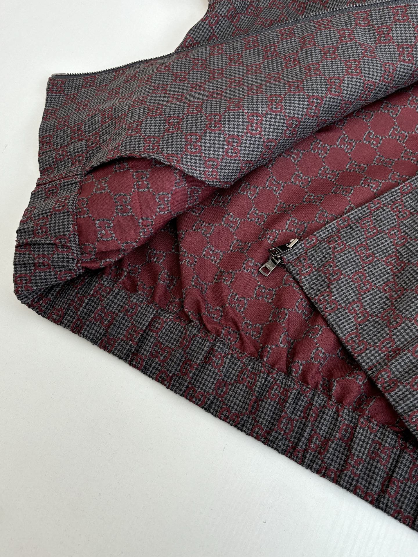 GG-pattern button-up shirt, red and gray, folded front view