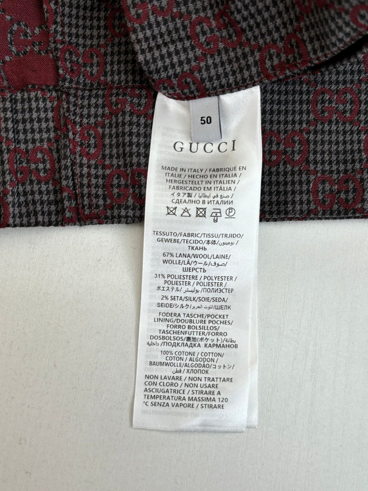 Gucci fabric label on GG-pattern shirt, size 50