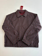 Gucci patterned zip jacket, maroon and dark, pointed collar and buttoned cuffs.