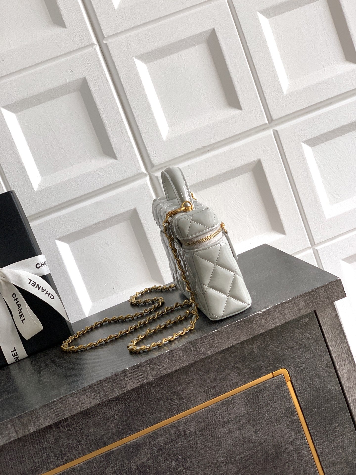 Chanel quilted mini bag, light silver-gray, gold-tone chain shoulder strap