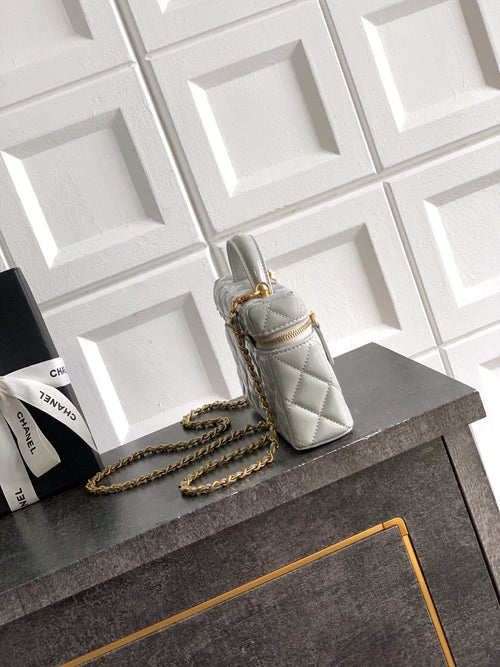 Chanel quilted mini bag, light silver-gray, gold-tone chain shoulder strap