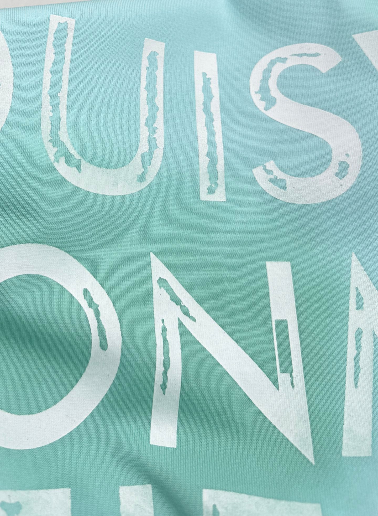 Louis Vuitton front lettering on light turquoise T-shirt, close-up typography.