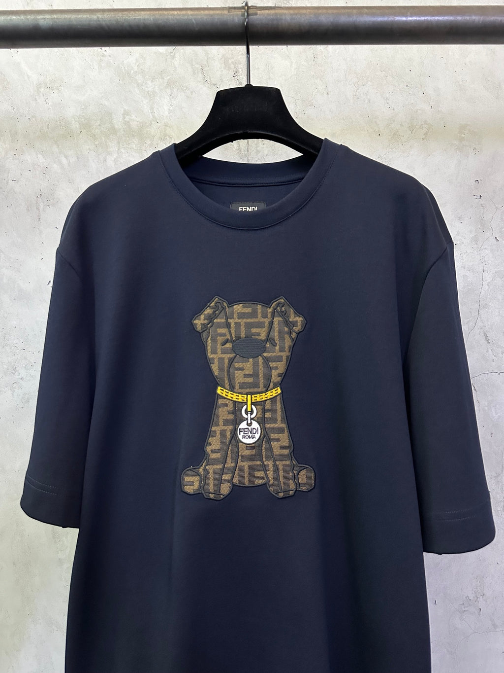 Dark navy crew-neck T-shirt with large embroidered-style FENDI teddy graphic