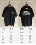 Pair of black Louis Vuitton T-shirts on hangers, front and back shown.