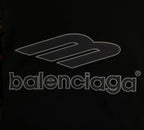 Black Balenciaga logo graphic on long-sleeve top, close-up