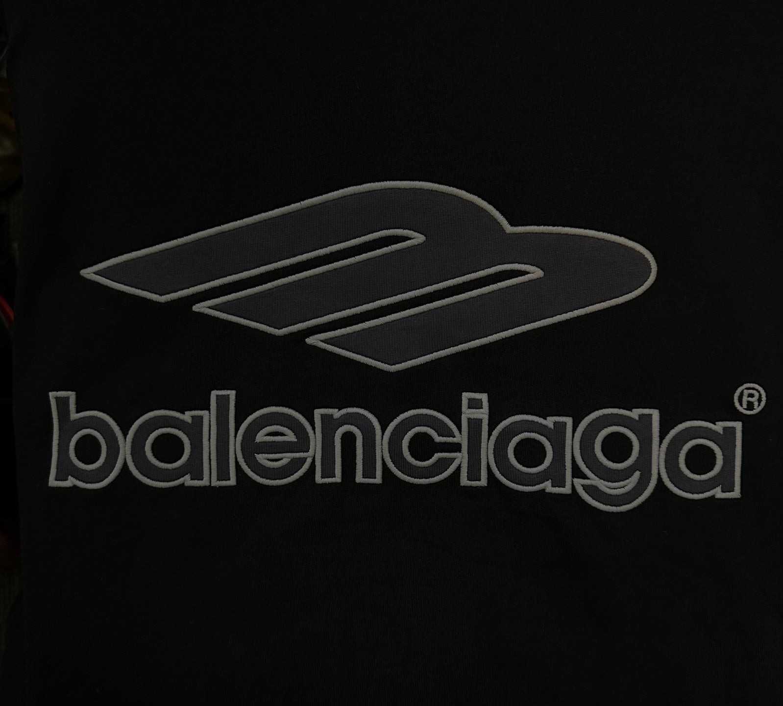 Black Balenciaga logo graphic on long-sleeve top, close-up