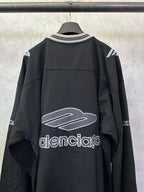 Black Balenciaga long-sleeve top with front logo graphic and striped V-neck collar