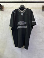 Balenciaga black short-sleeve V-neck jersey with white logo print and neck embellishment
