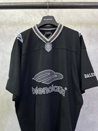 Balenciaga black short-sleeve jersey front with white logo and crystal-style neck charm