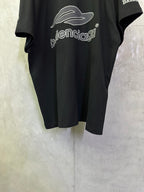 Black short-sleeve shirt front with large cloud logo graphic