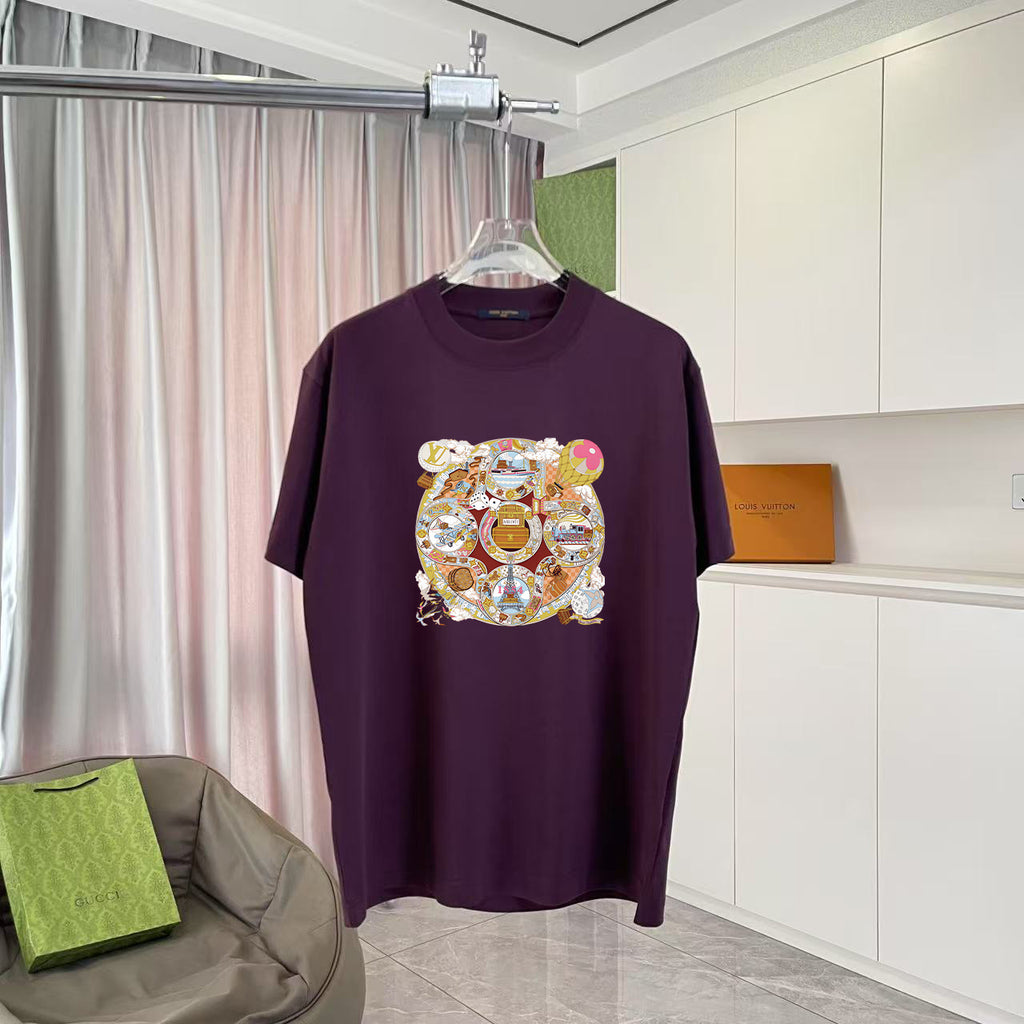 Louis Vuitton dark purple T-shirt with multicolor gold bear logo on front.