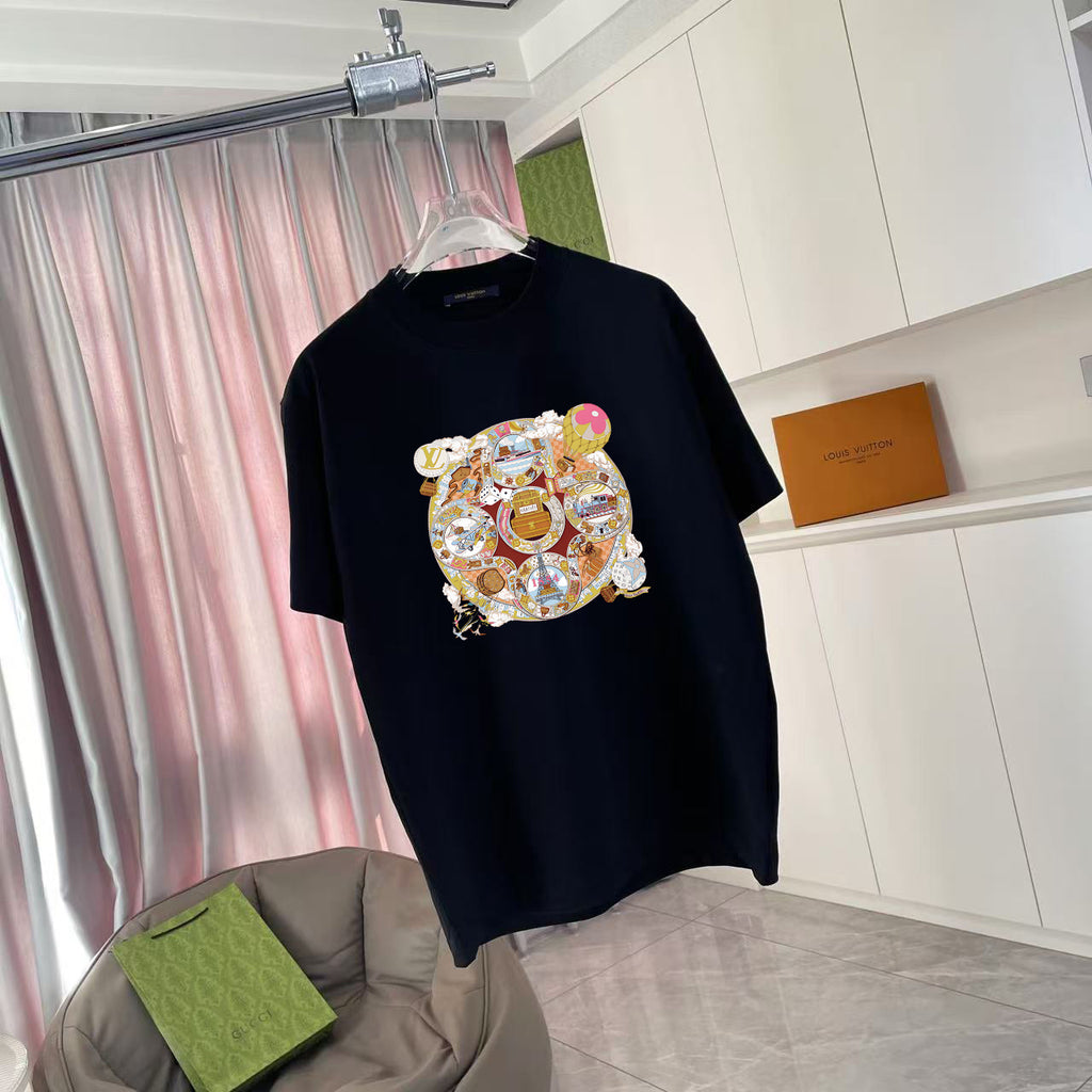 Black T-shirt with large multicolor front graphic and short sleeves