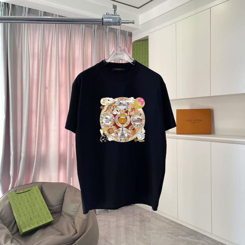 Black T-shirt with multicolor Louis Vuitton-style graphic front