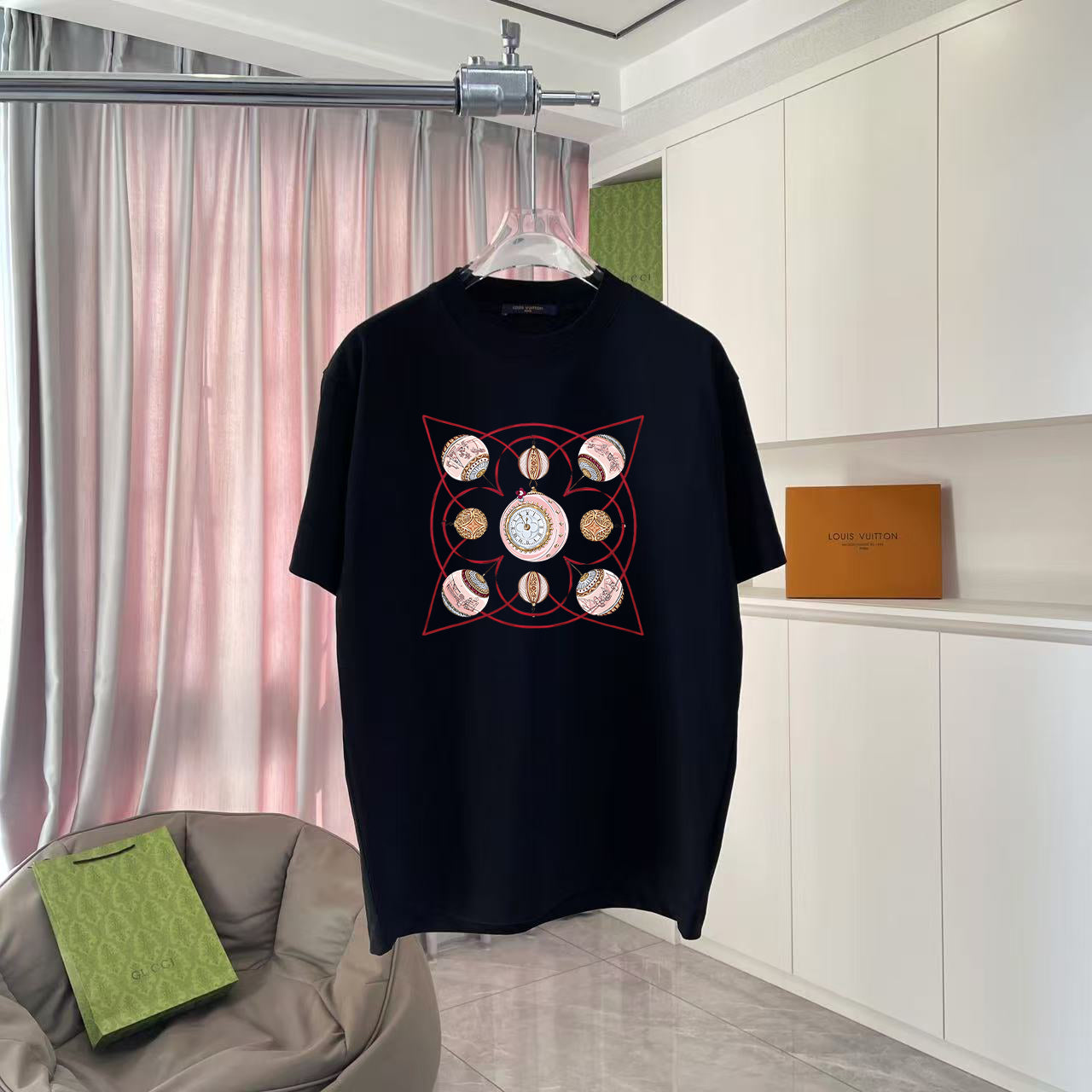 Louis Vuitton black crewneck T-shirt with red and gold circular graphic