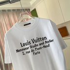 White short-sleeve T-shirt with large black logo typography