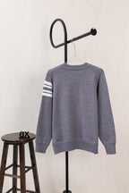 Moncler long-sleeve knit sweater, grey back view with striped sleeve cuffs
