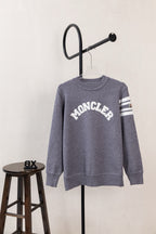 Moncler long-sleeve knit sweater, grey crew neck with MONCLER logo on front