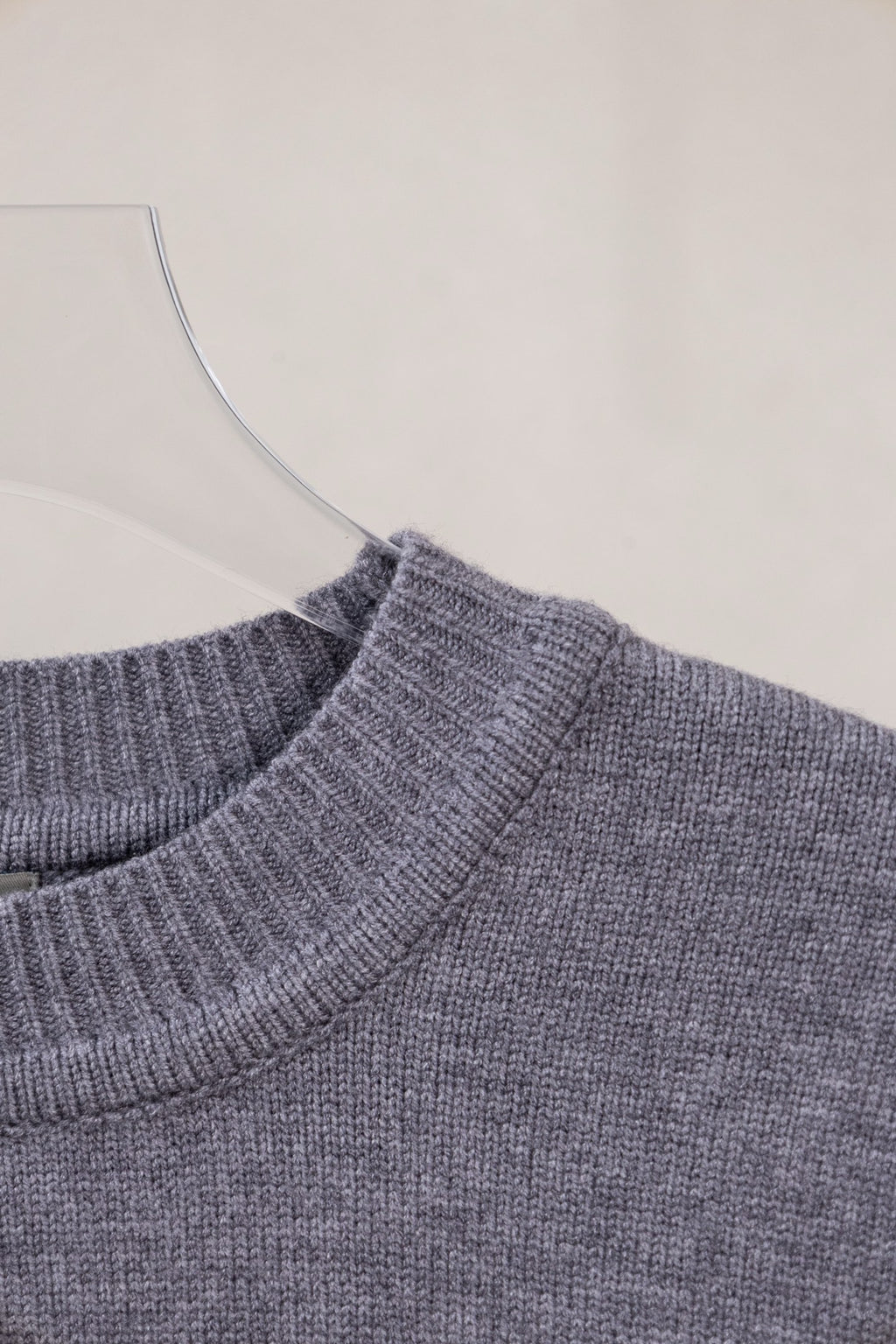Moncler grey knit sweater neckline and shoulder seam detail