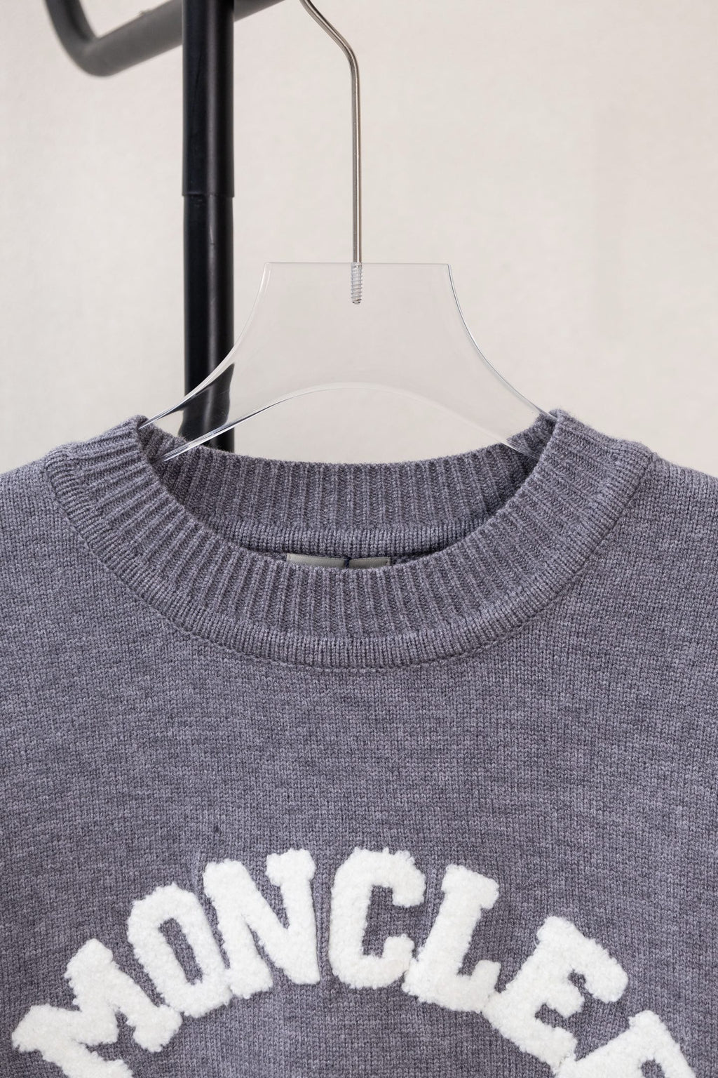Moncler grey crew-neck knit sweater with ribbed collar and MONCLER lettering