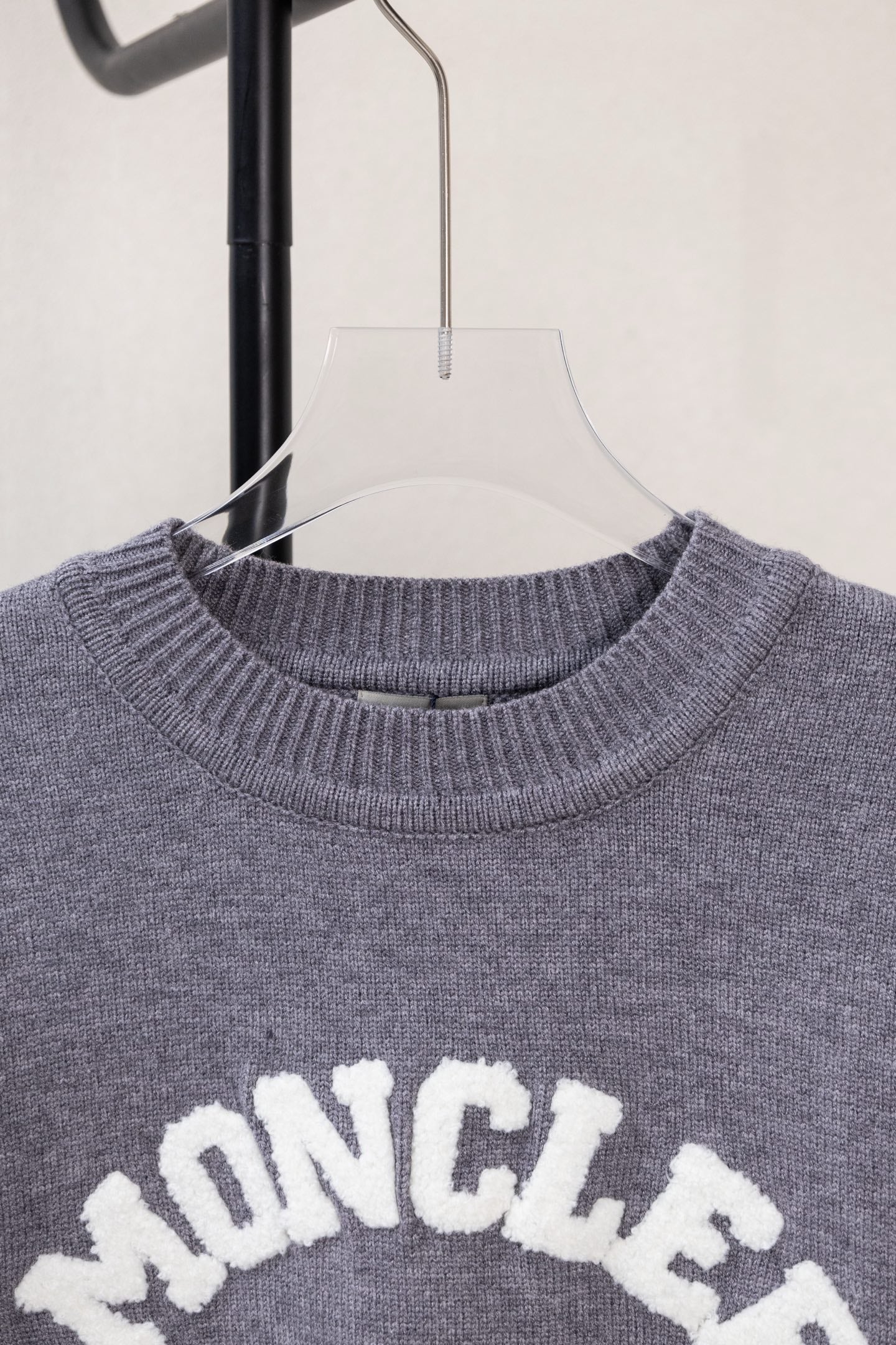 Moncler grey crew-neck knit sweater with ribbed collar and MONCLER lettering