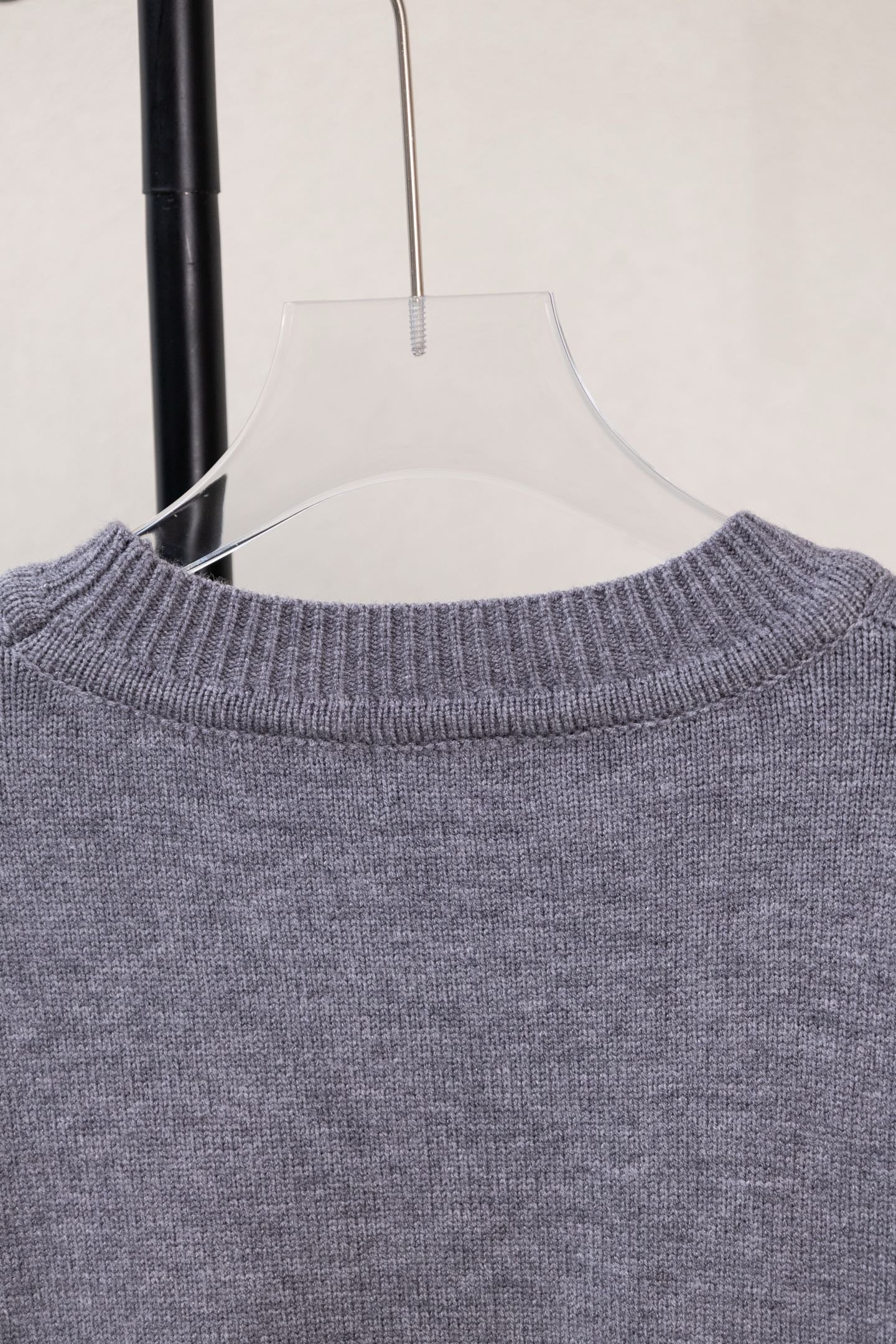 Moncler grey knit sweater collar detail, ribbed crew neck on hanger