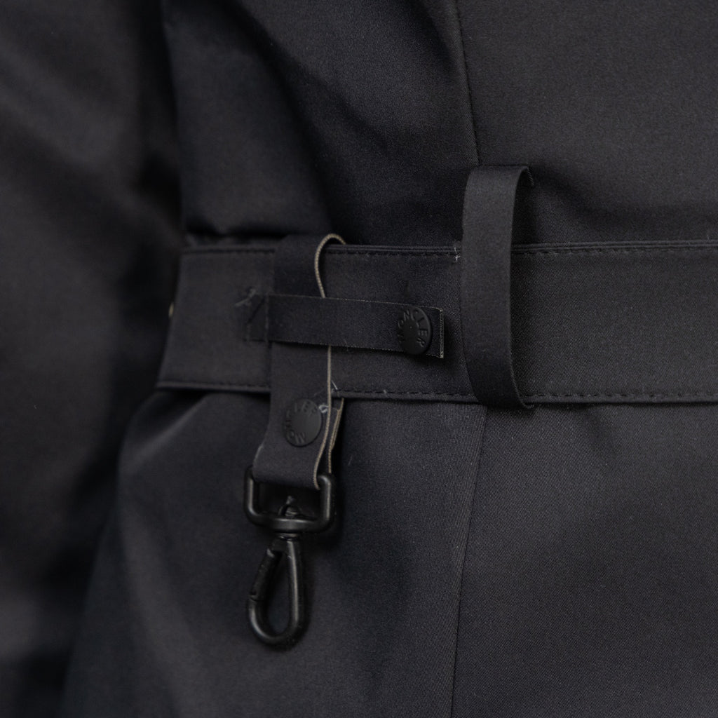 Moncler long parka with adjustable belt strap and hook-and-loop buckle
