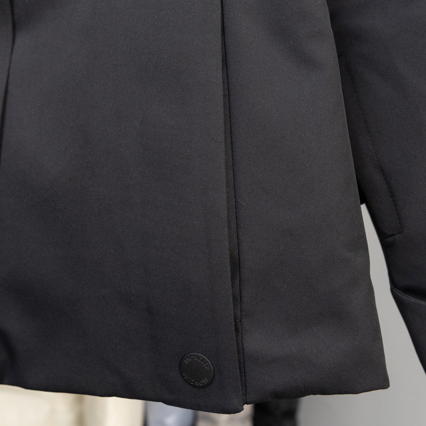 Moncler long puffer jacket front panel with snap button