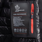 Moncler long puffer jacket interior label and red zipper detail