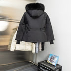 Moncler long parka with faux-fur trimmed hood, dark shell, belted waist and front zip