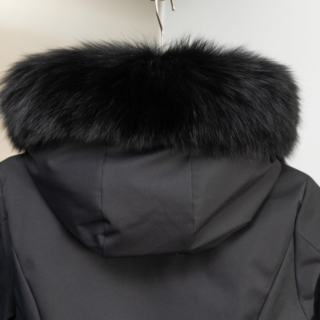 Moncler long puffer jacket hood with black faux fur trim