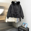 Moncler long parka with faux-fur hood, dark shell, belted waist and front zip