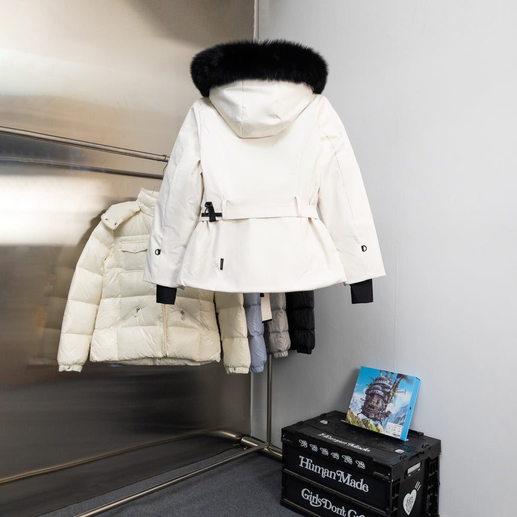 Moncler long white puffer jacket with fur-trimmed hood and belt straps