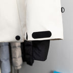 Moncler long coat cuff detail with black patch and snap button