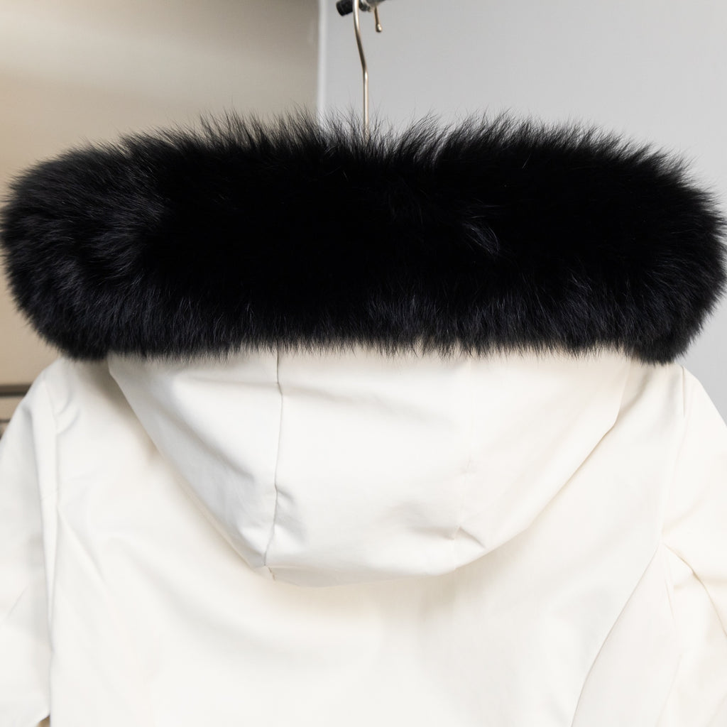 Moncler long coat with dark fur trimmed hood