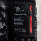 Moncler long coat interior technical label with red zipper pocket