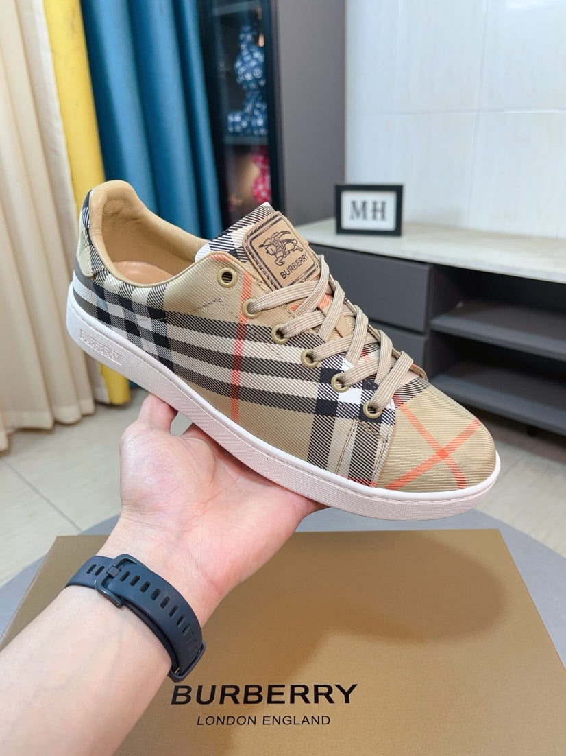 Beige check plaid lace-up low-top sneakers with logo patch and white rubber sole