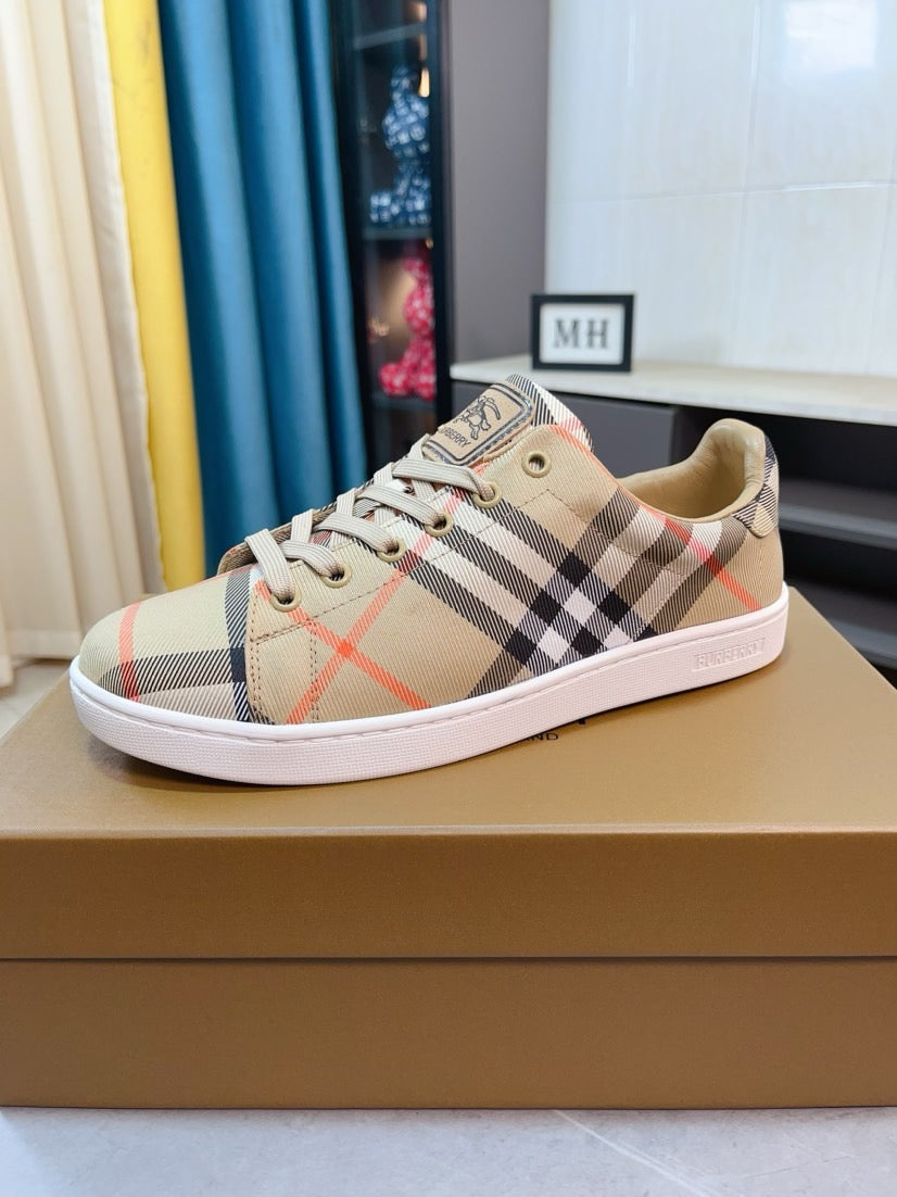 Beige check plaid low-top sneakers with lace-up closure and white rubber sole