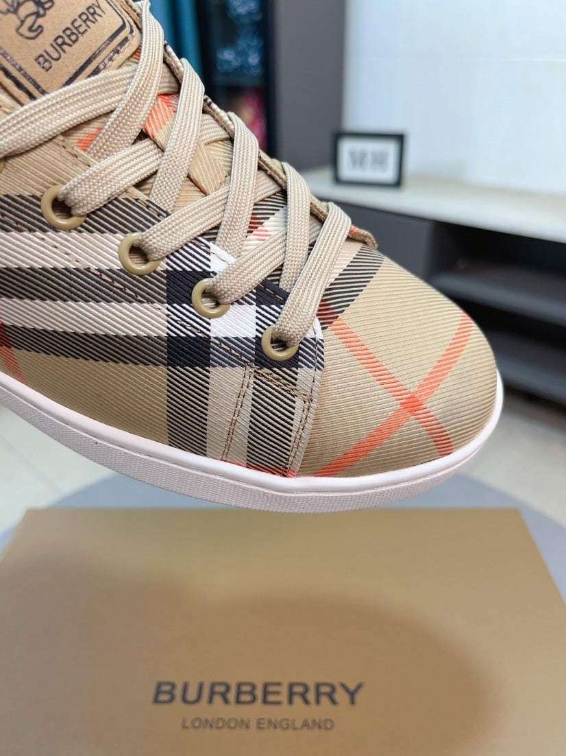 Beige check plaid sneaker upper with lace eyelets and contrasting stripe panel