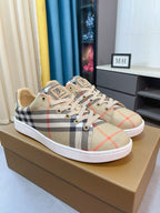 Beige check plaid low-top sneakers with lace-up front and white vulcanized sole