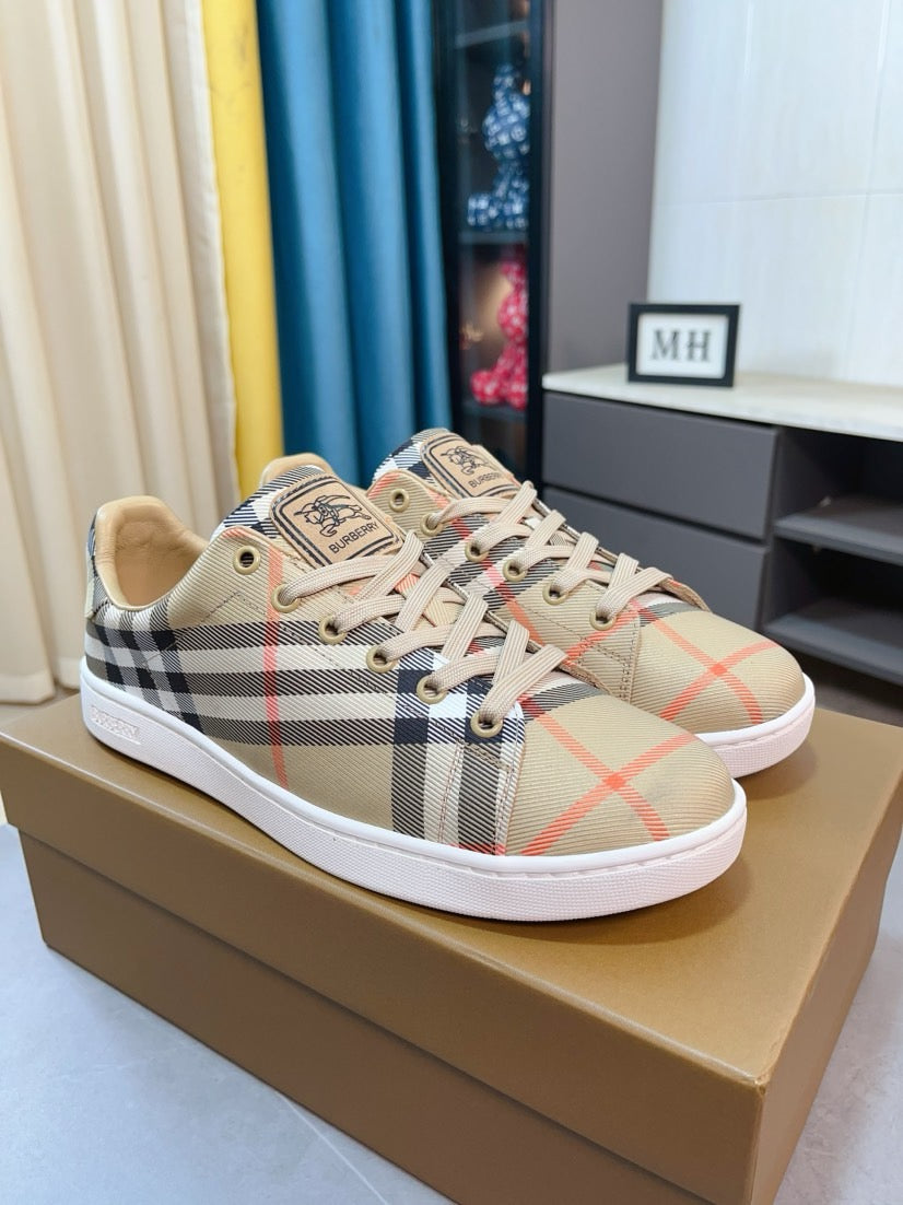 Beige check plaid low-top sneakers with lace-up front and white vulcanized sole
