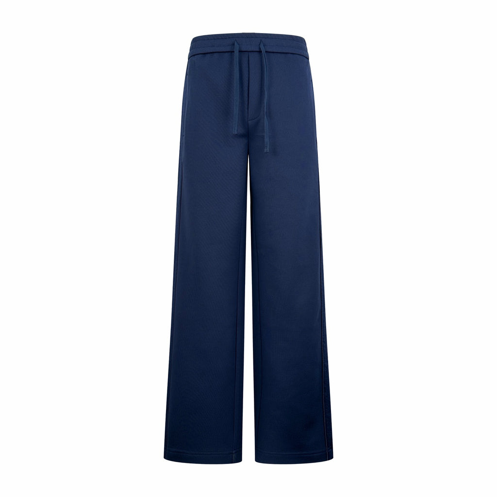 Navy drawstring wide-leg pants with elastic waistband and side pockets