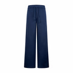 Navy drawstring wide-leg pants with elastic waistband and side pockets